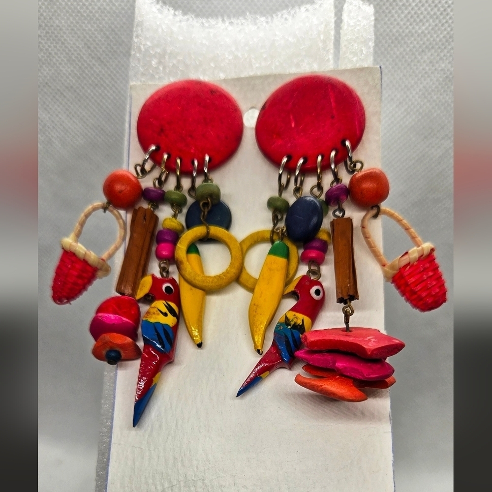 Artisan Colorful Parrot Banana Beads Wooden Dangle Earrings - Picture 4 of 15